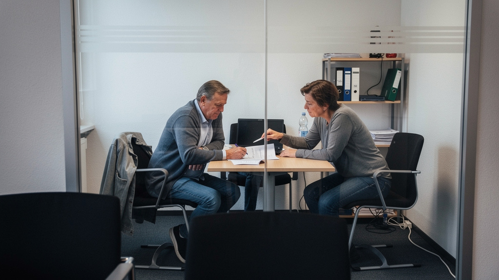 Arbeitssituation mit zwei Personen im Gespräch hinter einer Glaswand