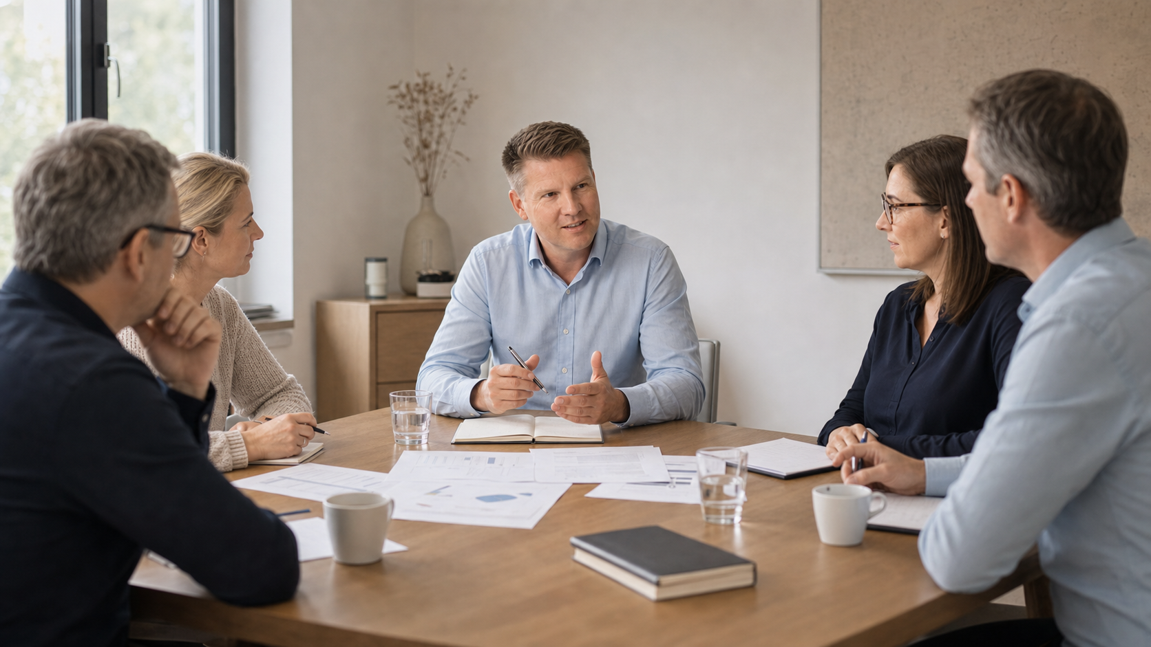 Erik Kirst im Gespräch mit Geschäftsführung und Mitarbeitern an einem Besprechungstisch